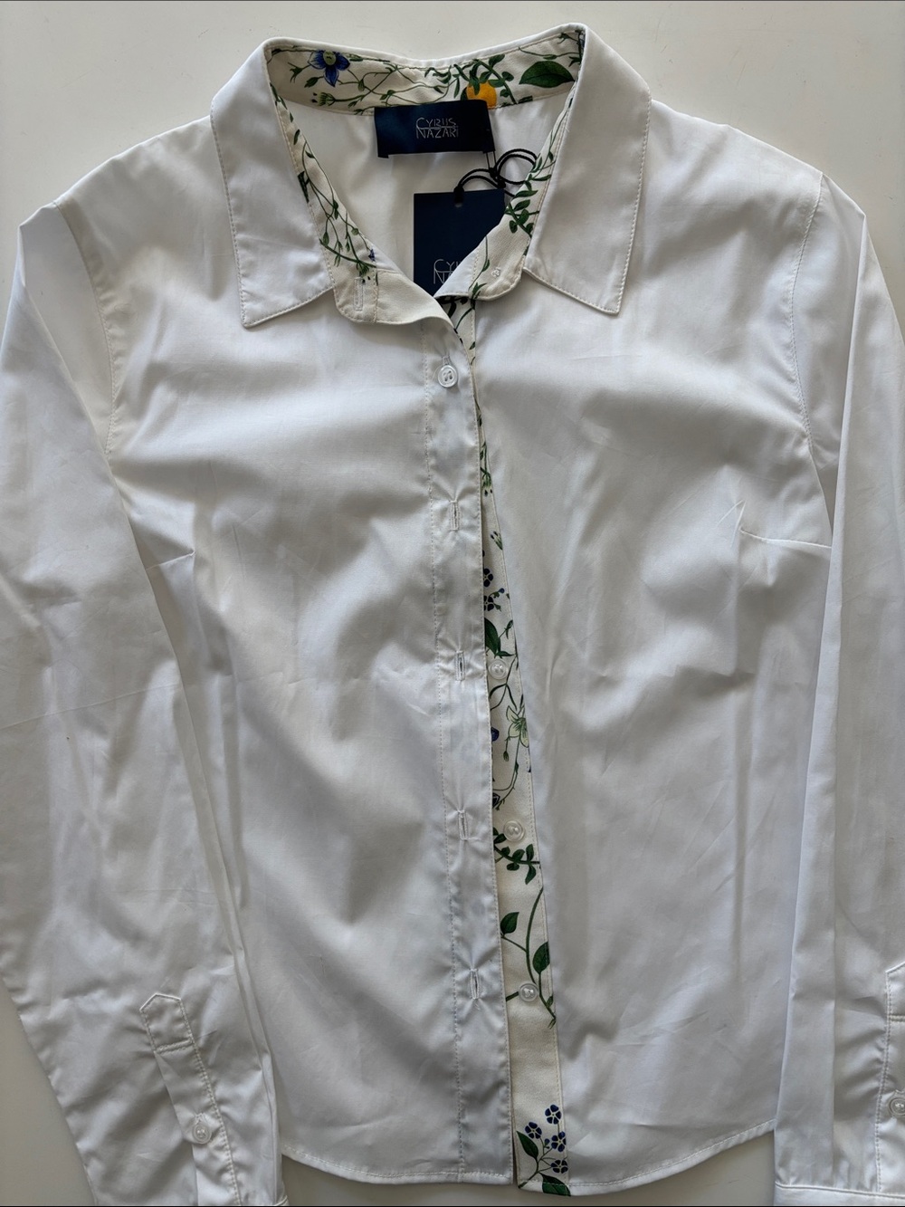 Cyrus White Button-Down Shirt with Floral Trim